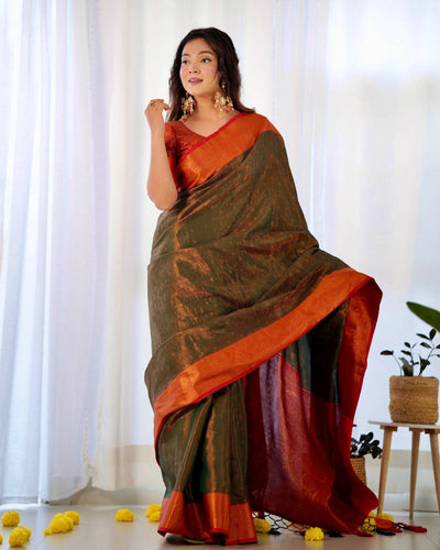 Pure Banarasi Silk Saree Weaved With Copper Zari