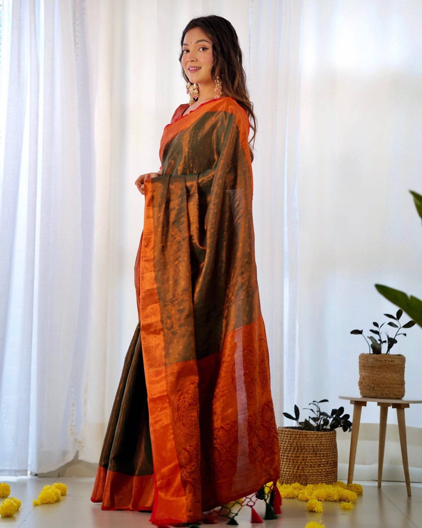 Pure Banarasi Silk Saree Weaved With Copper Zari