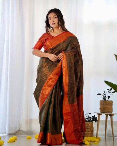 Pure Banarasi Silk Saree Weaved With Copper Zari