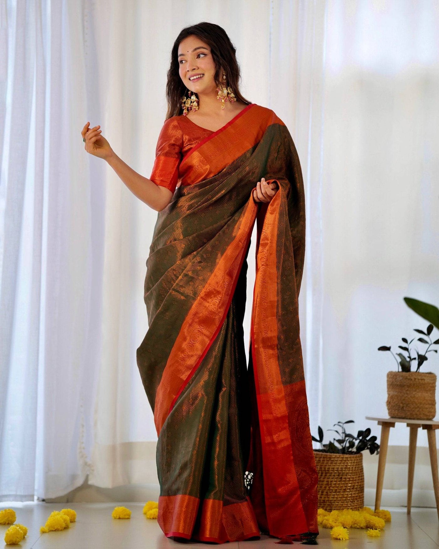 Pure Banarasi Silk Saree Weaved With Copper Zari