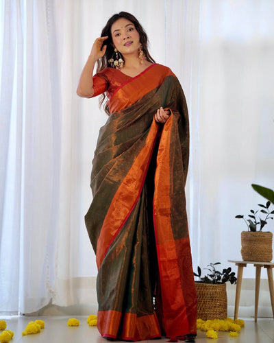 Pure Banarasi Silk Saree Weaved With Copper Zari