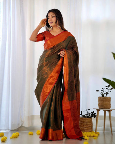 Pure Banarasi Silk Saree Weaved With Copper Zari