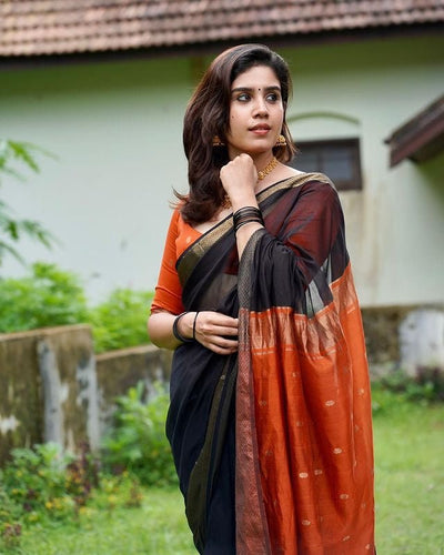 Black Pure Banarasi Silk Saree Stylish Blouse Piece - Almaari Fashion