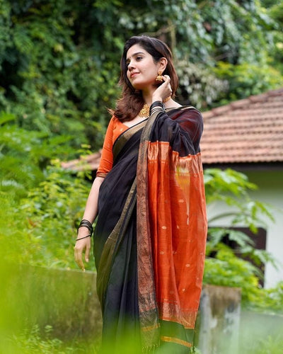 Black Pure Banarasi Silk Saree Stylish Blouse Piece - Almaari Fashion