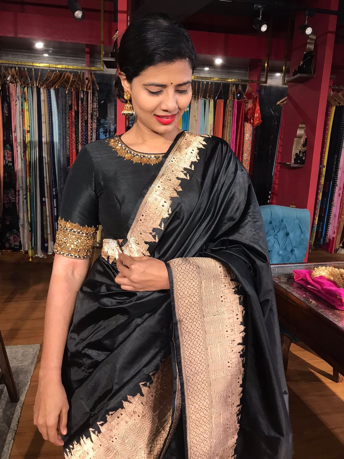 Black Pure Banarasi Silk Saree Stylish Blouse Piece - Almaari Fashion