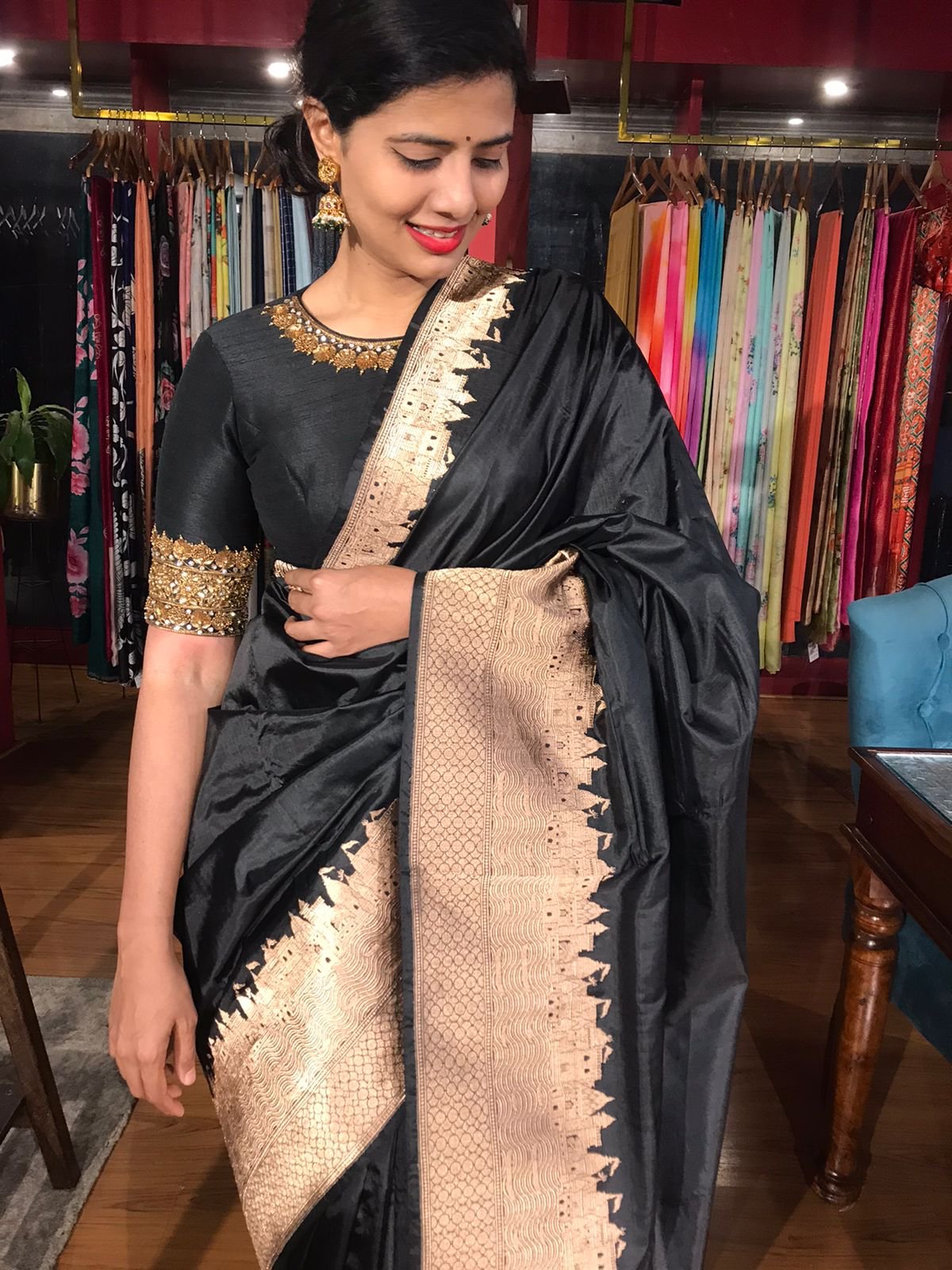 Black Pure Banarasi Silk Saree Stylish Blouse Piece - Almaari Fashion