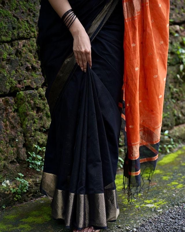 Black Pure Banarasi Silk Saree Stylish Blouse Piece - Almaari Fashion