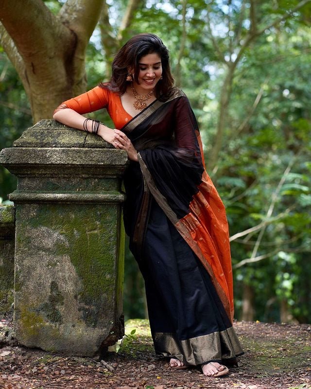 Black Pure Banarasi Silk Saree Stylish Blouse Piece - Almaari Fashion