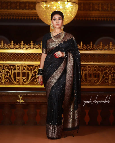 Black Pure Banarasi Silk Saree With Attractive Blouse Piece Weaved With Copper Zari - Almaari Fashion