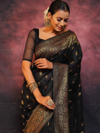 Black Pure Banarasi Silk Weaved With Copper Zari Comes With Heavy Banarasi Brocade Blouse - Almaari Fashion