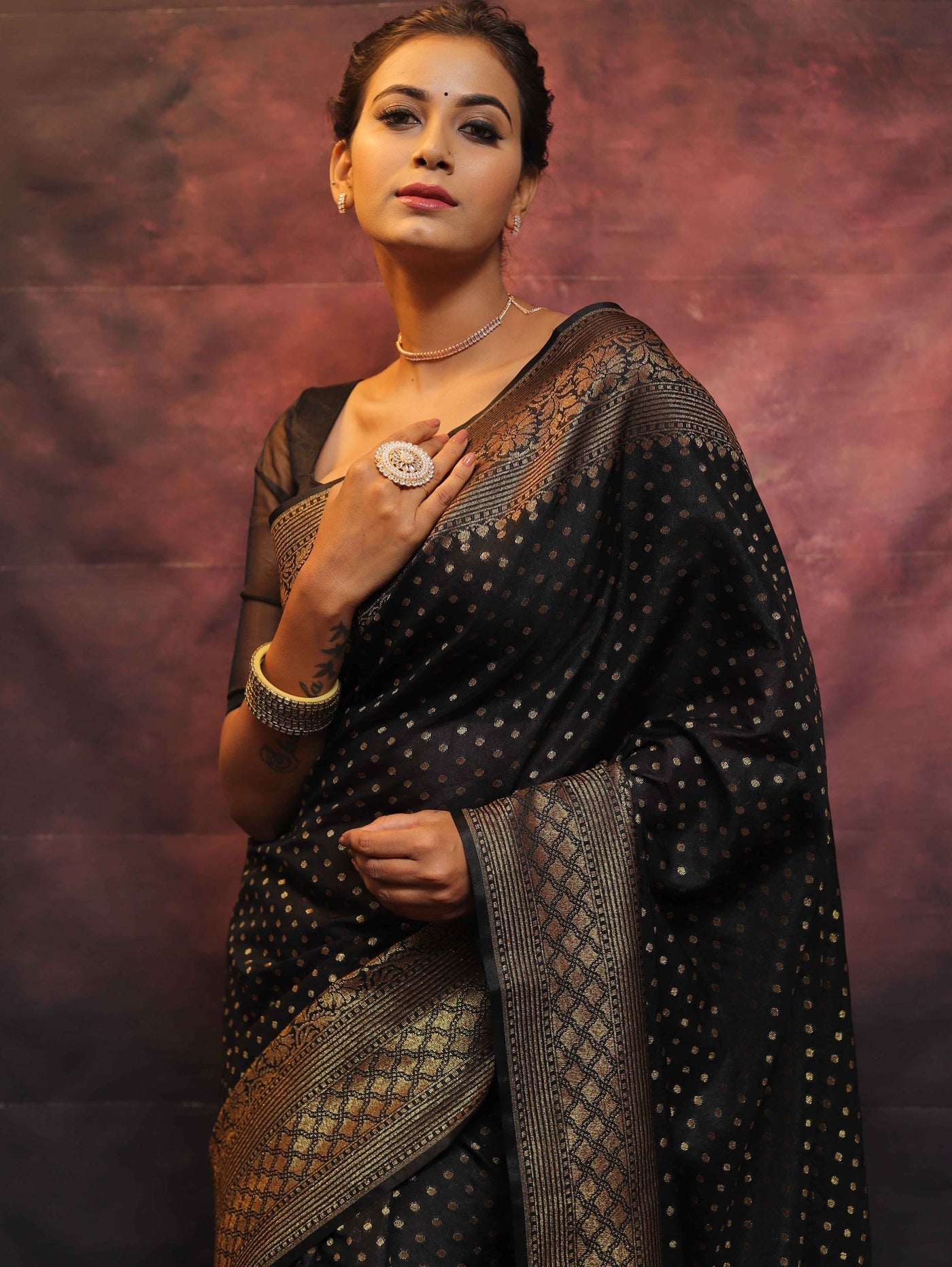 Black Pure Banarasi Silk Weaved With Copper Zari Comes With Heavy Banarasi Brocade Blouse - Almaari Fashion