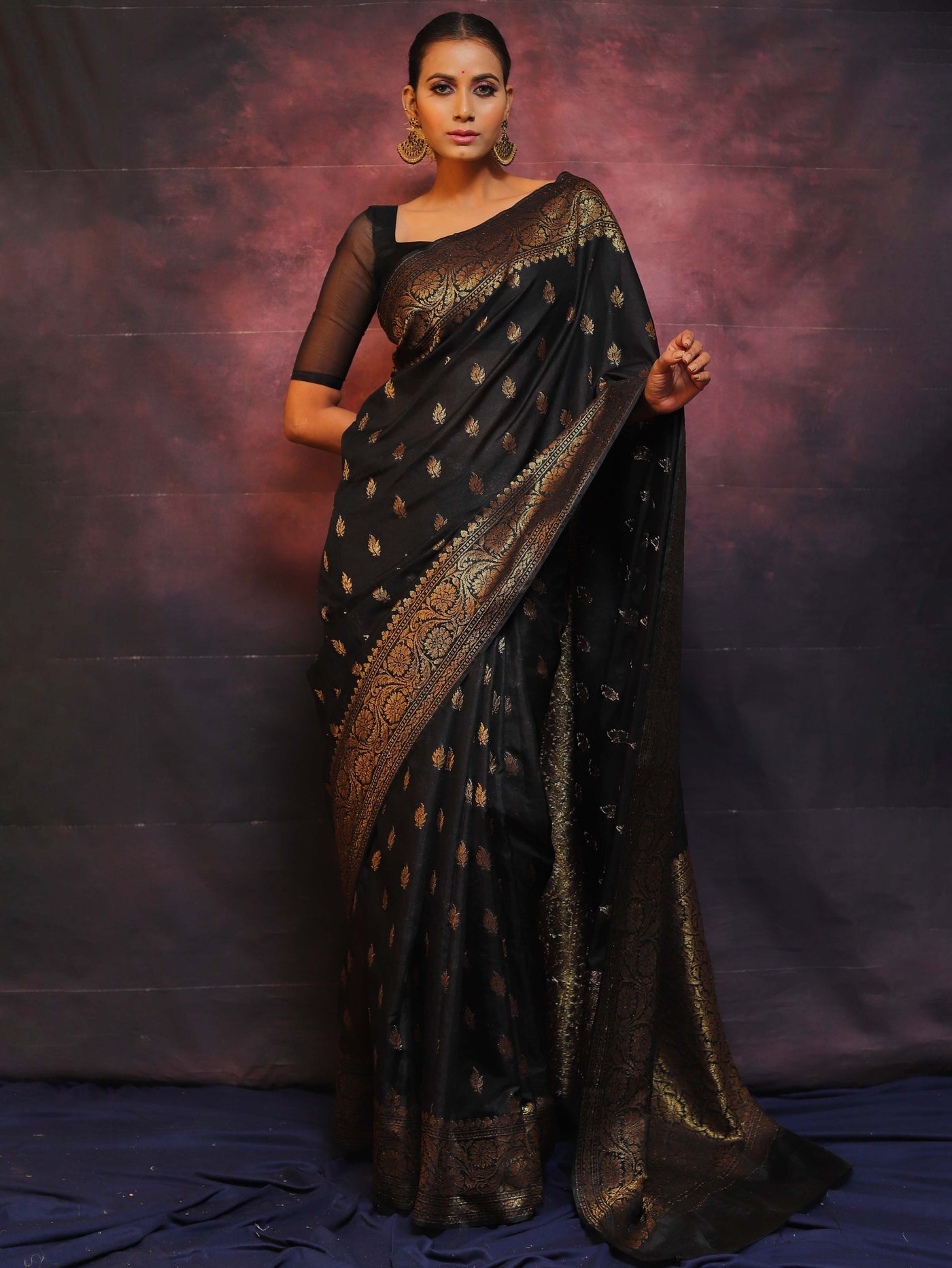 Black Pure Banarasi Silk Weaved With Copper Zari Comes With Heavy Banarasi Brocade Blouse - Almaari Fashion