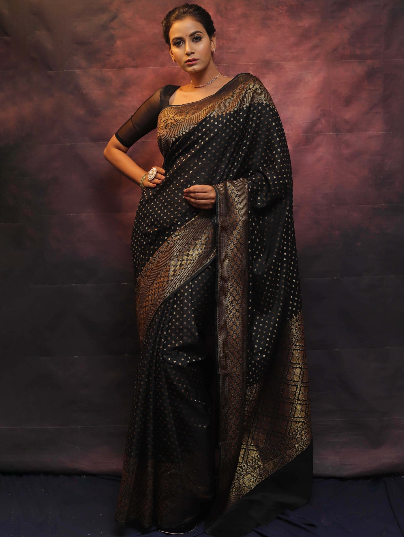 Black Pure Banarasi Silk Weaved With Copper Zari Comes With Heavy Banarasi Brocade Blouse - Almaari Fashion