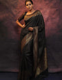 Black Pure Kanjivaram Silk Weaved With Copper Zari Comes With Heavy Kanjivaram Brocade Blouse