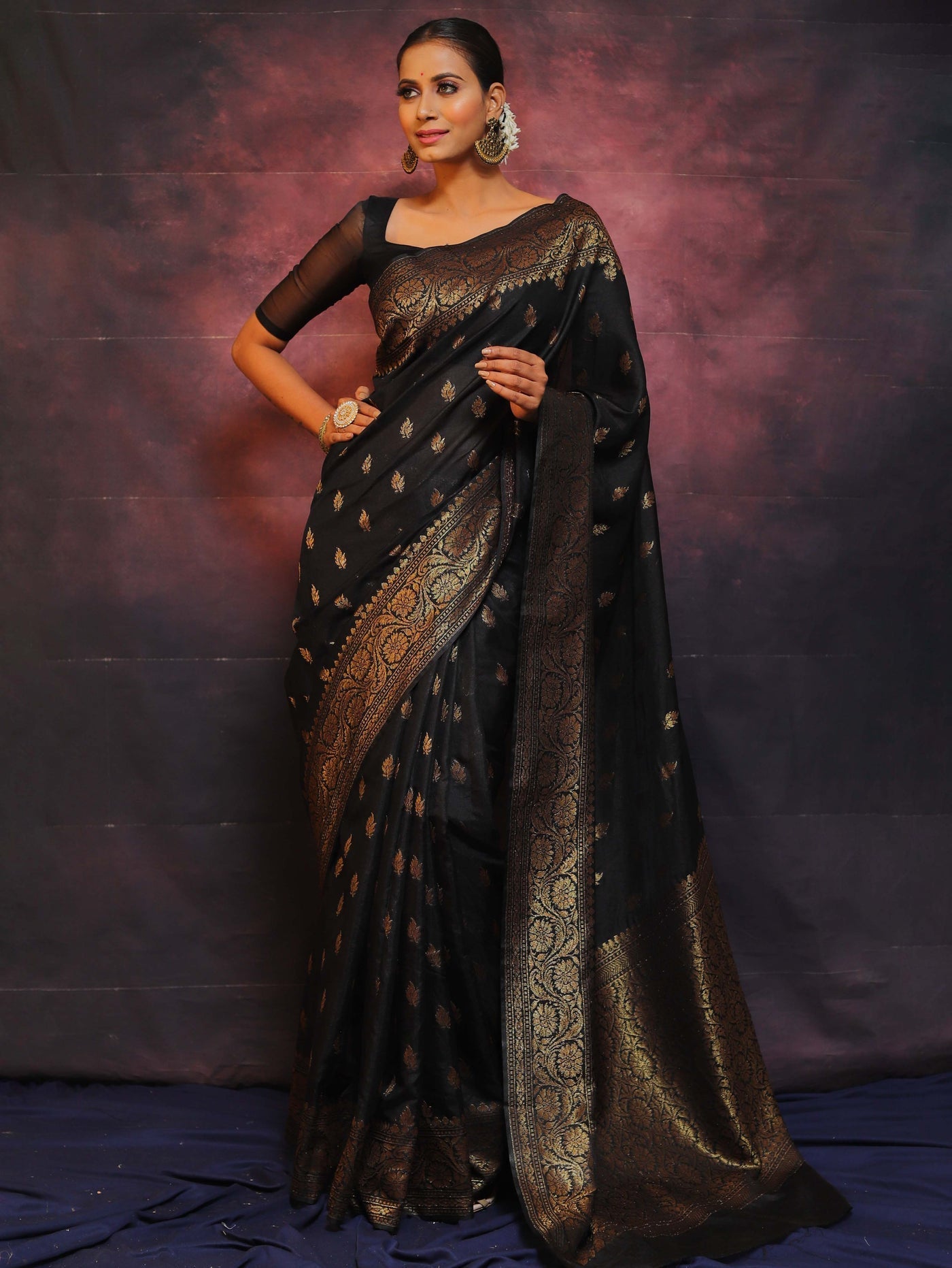 Black Pure Banarasi Silk Weaved With Copper Zari Comes With Heavy Banarasi Brocade Blouse - Almaari Fashion