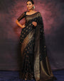 Black Pure Kanjivaram Silk Weaved With Copper Zari Comes With Heavy Kanjivaram Brocade Blouse