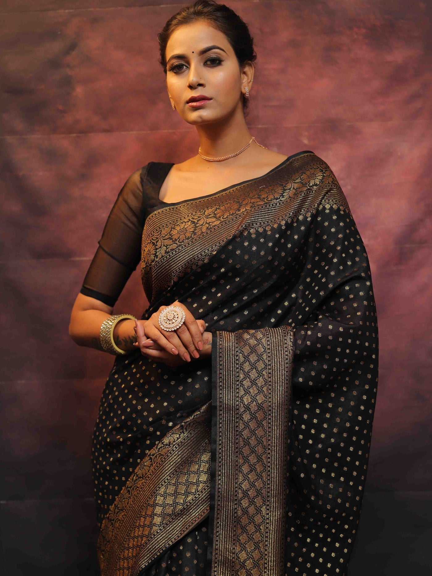 Black Pure Banarasi Silk Weaved With Copper Zari Comes With Heavy Banarasi Brocade Blouse - Almaari Fashion