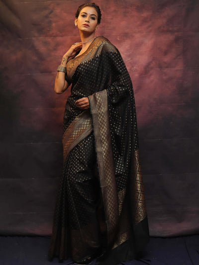 Black Pure Banarasi Silk Weaved With Copper Zari Comes With Heavy Banarasi Brocade Blouse - Almaari Fashion