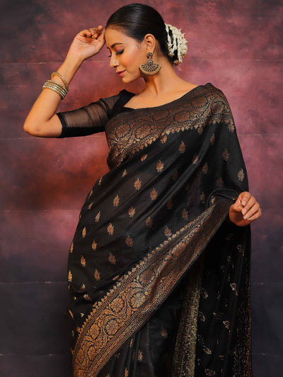 Black Pure Banarasi Silk Weaved With Copper Zari Comes With Heavy Banarasi Brocade Blouse - Almaari Fashion