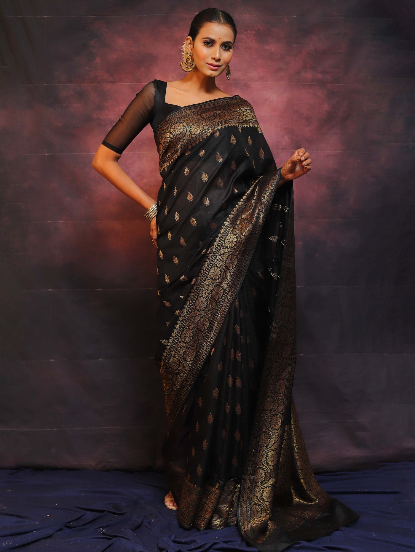 Black Pure Banarasi Silk Weaved With Copper Zari Comes With Heavy Banarasi Brocade Blouse - Almaari Fashion