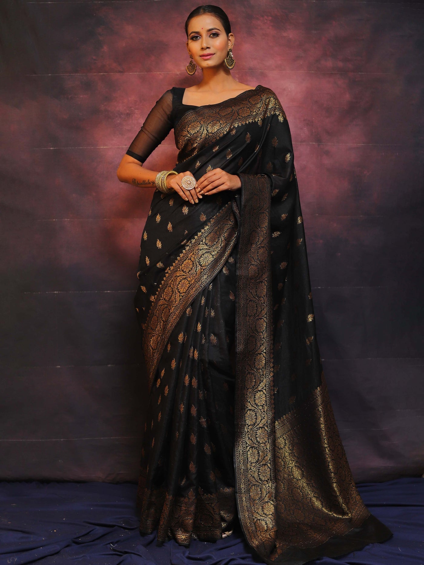 Black Pure Banarasi Silk Weaved With Copper Zari Comes With Heavy Banarasi Brocade Blouse - Almaari Fashion