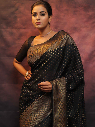 Black Pure Banarasi Silk Weaved With Copper Zari Comes With Heavy Banarasi Brocade Blouse - Almaari Fashion