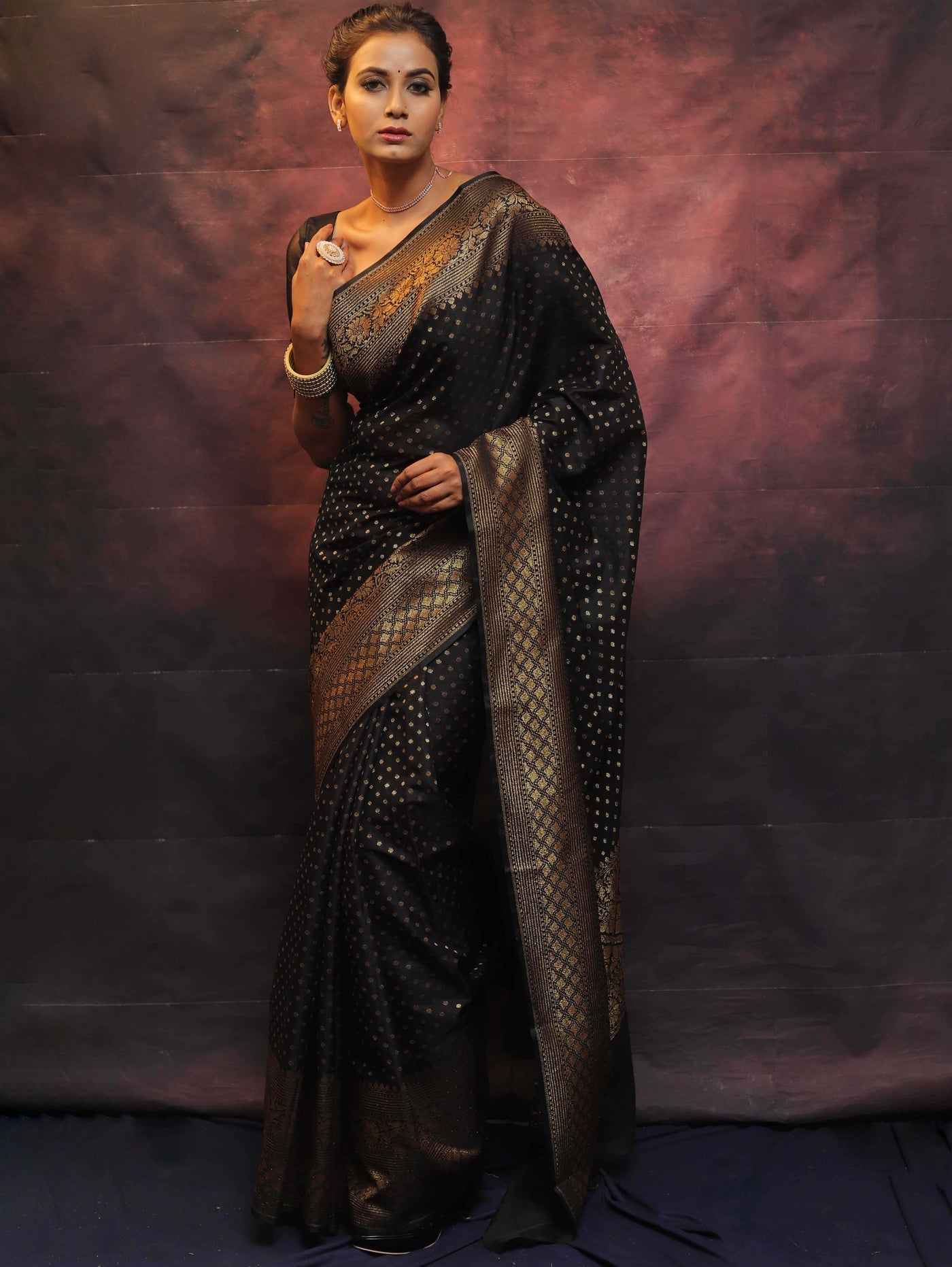 Black Pure Banarasi Silk Weaved With Copper Zari Comes With Heavy Banarasi Brocade Blouse - Almaari Fashion