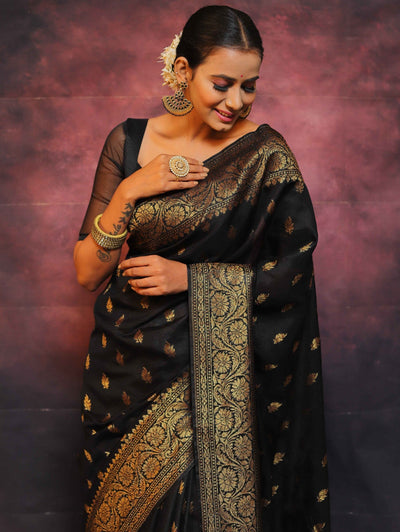 Black Pure Banarasi Silk Weaved With Copper Zari Comes With Heavy Banarasi Brocade Blouse - Almaari Fashion