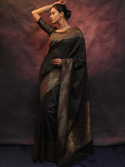 Black Pure Banarasi Silk Weaved With Copper Zari Comes With Heavy Banarasi Brocade Blouse - Almaari Fashion