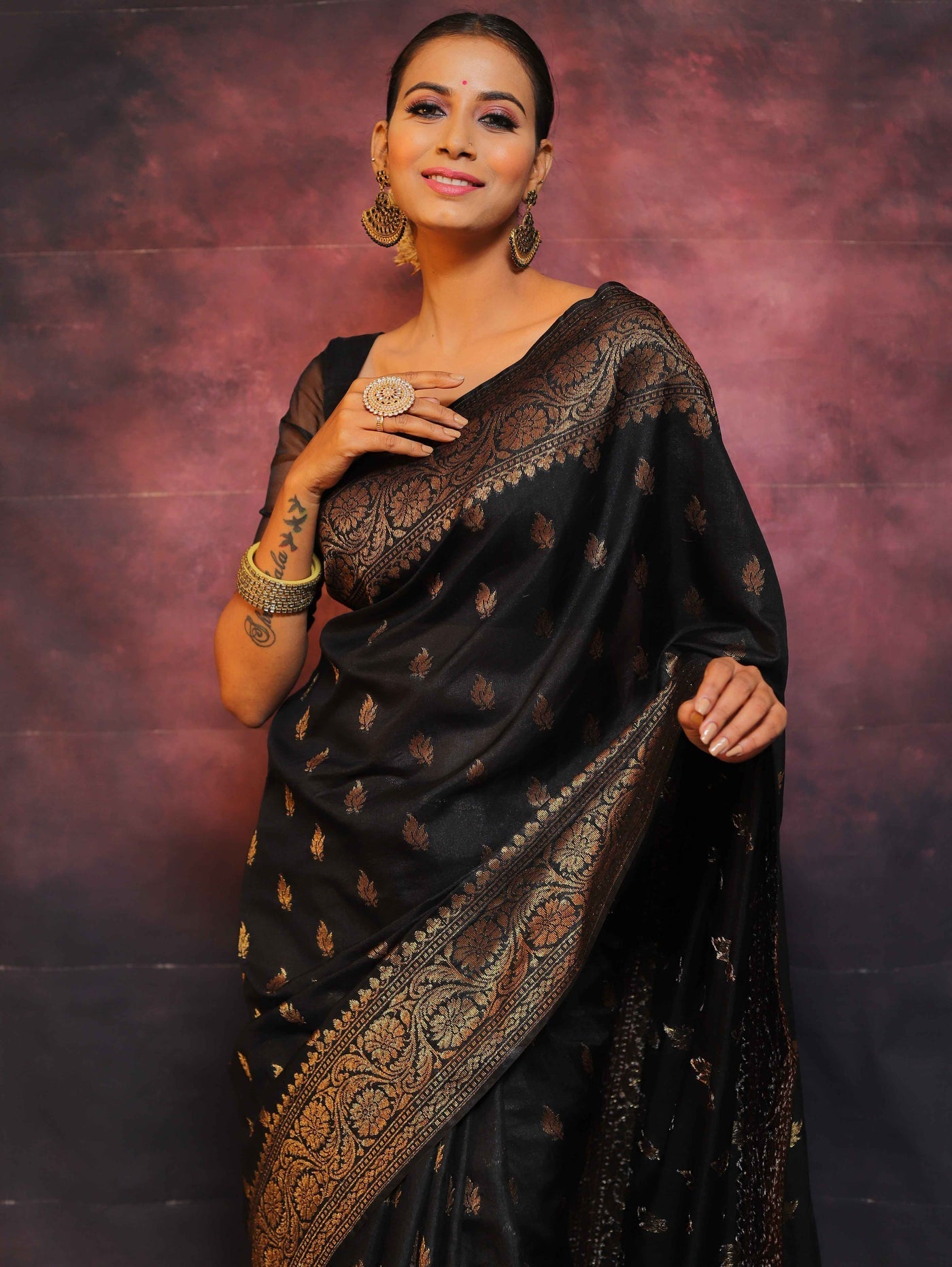 Black Pure Banarasi Silk Weaved With Copper Zari Comes With Heavy Banarasi Brocade Blouse - Almaari Fashion