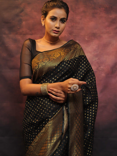 Black Pure Banarasi Silk Weaved With Copper Zari Comes With Heavy Banarasi Brocade Blouse - Almaari Fashion