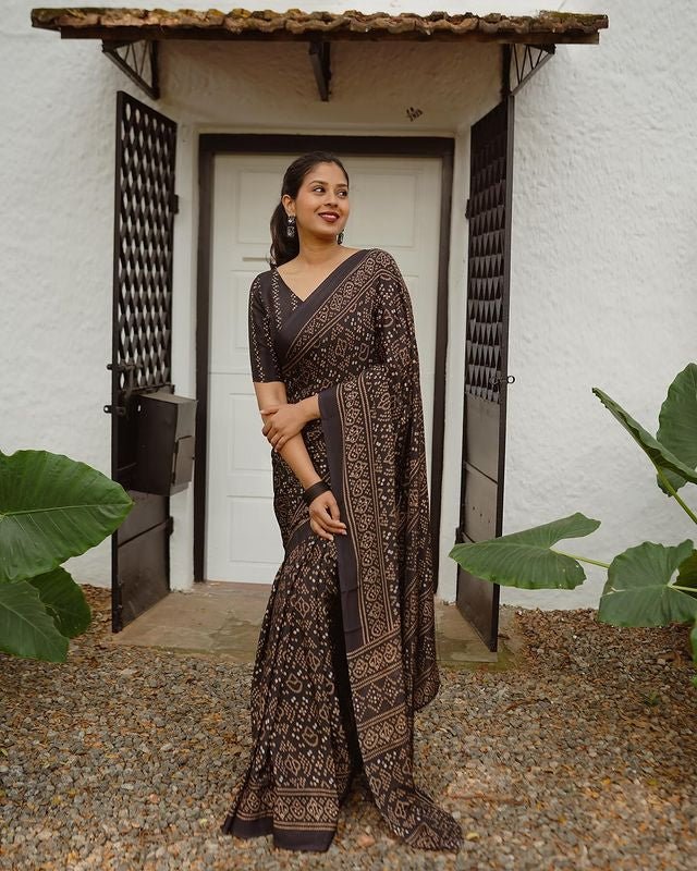 Black Pure Cotton Linen Saree Weaved With Zari Comes With Tassels - Almaari Fashion