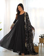 Black Pure Georgette Anarkali Suit With Huge Flair Comes With Duppatta & Pant