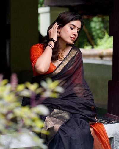 Black Pure Kanjivaram Silk Saree Stylish Blouse Piece - Almaari Fashion