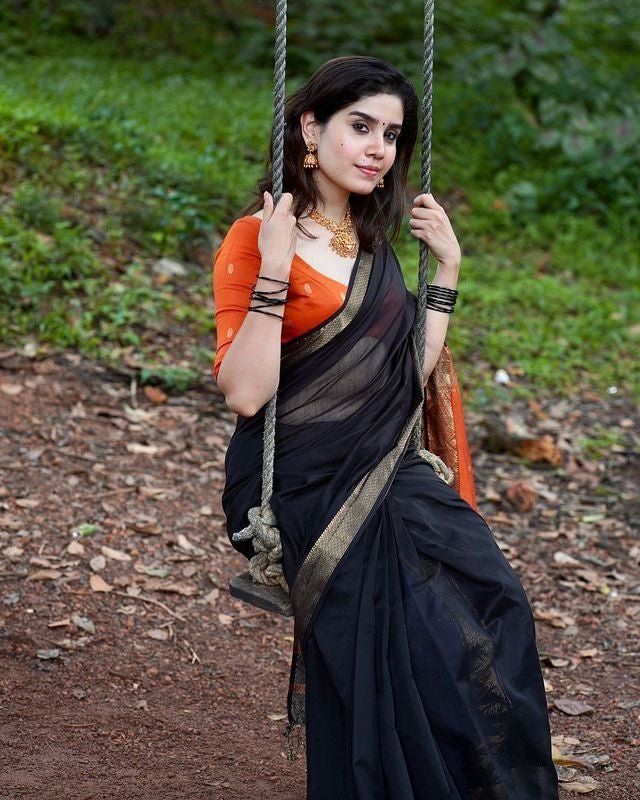 Black Pure Kanjivaram Silk Saree Stylish Blouse Piece - Almaari Fashion