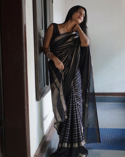 Black Pure Kanjivaram Silk Saree Stylish Blouse Piece - Almaari Fashion