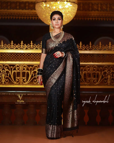 Black Pure Kanjivaram Silk Saree With Attractive Blouse Piece Weaved With Copper Zari - Almaari Fashion