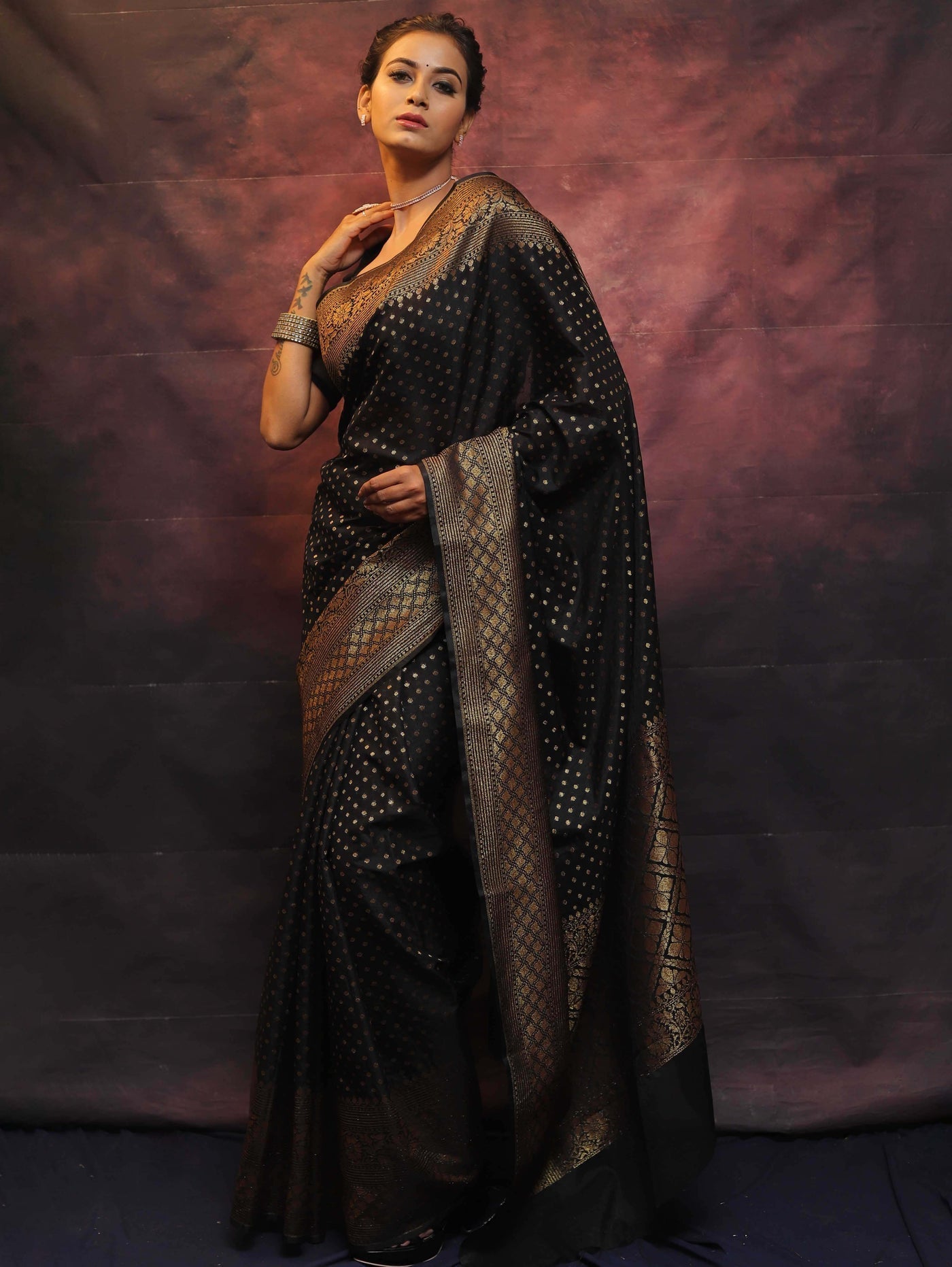 Black Pure Kanjivaram Silk Weaved With Copper Zari Comes With Heavy Kanjivaram Brocade Blouse - Almaari Fashion