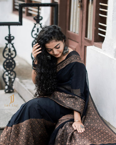 Black Pure Kanjivaram Silk Weaved With Copper Zari Comes With Heavy Kanjivaram Brocade Blouse - Almaari Fashion