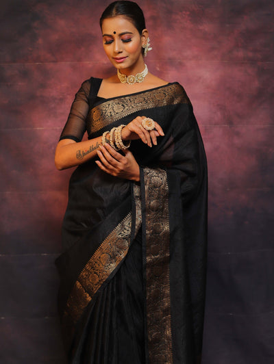 Black Pure Kanjivaram Silk Weaved With Copper Zari Comes With Heavy Kanjivaram Brocade Blouse - Almaari Fashion