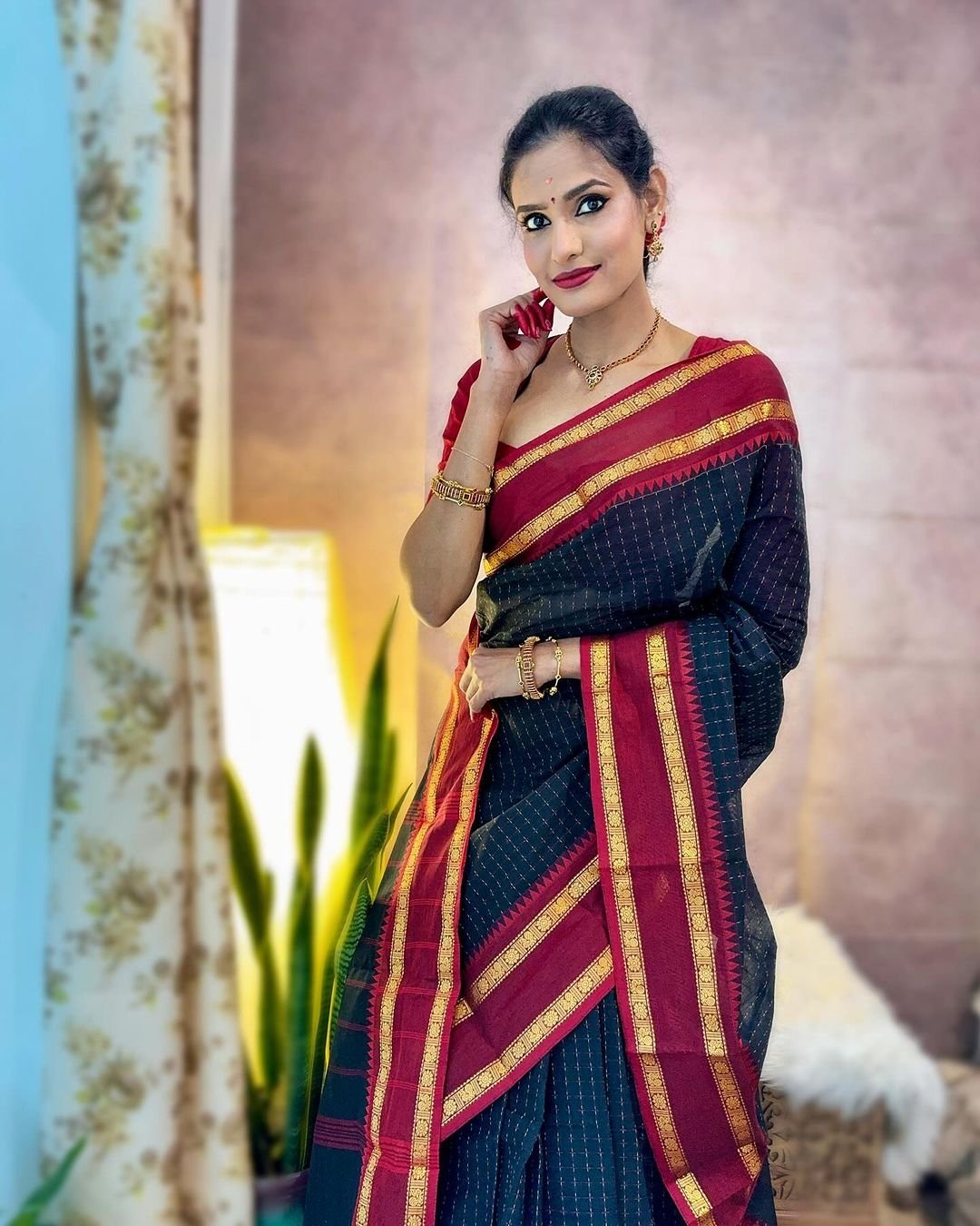 Black Pure Kanjivaram Silk Weaved With Copper Zari Comes With Heavy Kanjivaram Brocade Blouse - Almaari Fashion