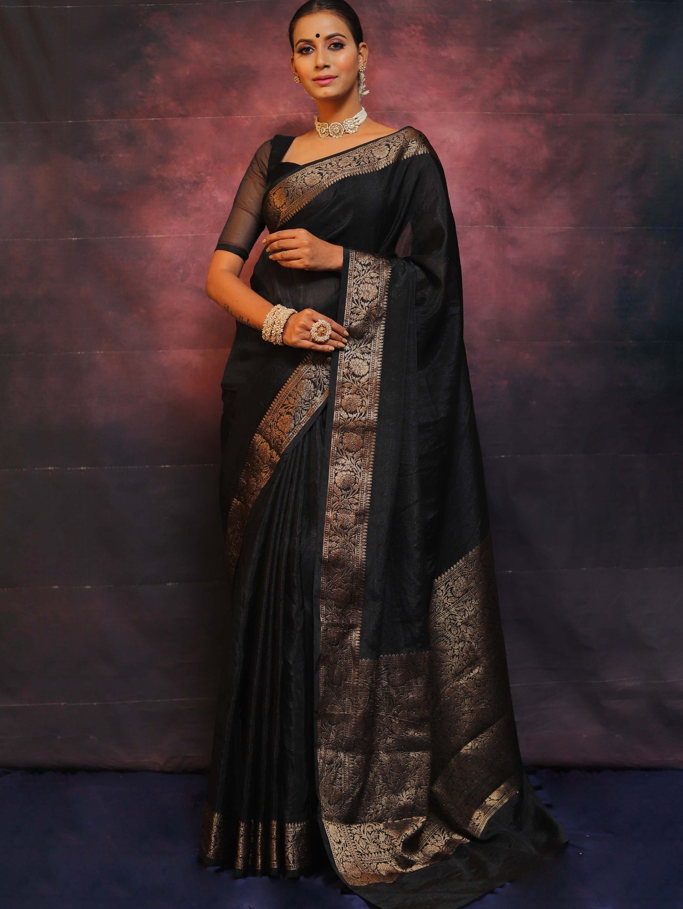 Black Pure Kanjivaram Silk Weaved With Copper Zari Comes With Heavy Kanjivaram Brocade Blouse - Almaari Fashion