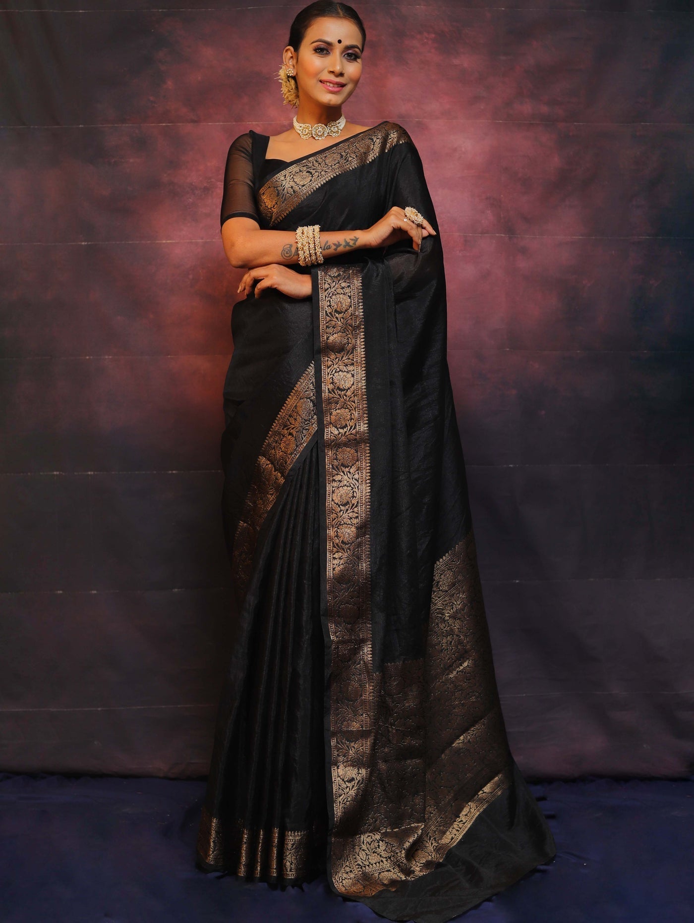 Black Pure Kanjivaram Silk Weaved With Copper Zari Comes With Heavy Kanjivaram Brocade Blouse - Almaari Fashion