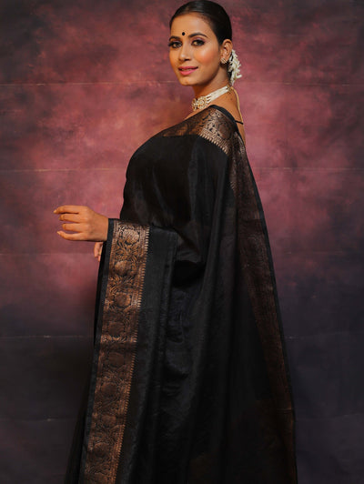 Black Pure Kanjivaram Silk Weaved With Copper Zari Comes With Heavy Kanjivaram Brocade Blouse - Almaari Fashion