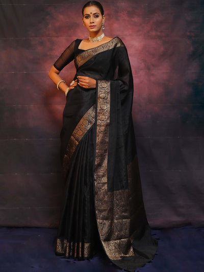 Black Pure Kanjivaram Silk Weaved With Copper Zari Comes With Heavy Kanjivaram Brocade Blouse - Almaari Fashion