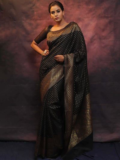 Black Pure Kanjivaram Silk Weaved With Copper Zari Comes With Heavy Kanjivaram Brocade Blouse - Almaari Fashion