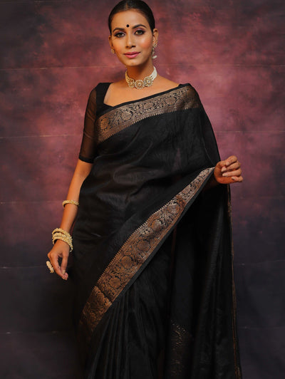 Black Pure Kanjivaram Silk Weaved With Copper Zari Comes With Heavy Kanjivaram Brocade Blouse - Almaari Fashion