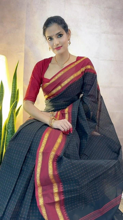 Black Pure Kanjivaram Silk Weaved With Copper Zari Comes With Heavy Kanjivaram Brocade Blouse - Almaari Fashion