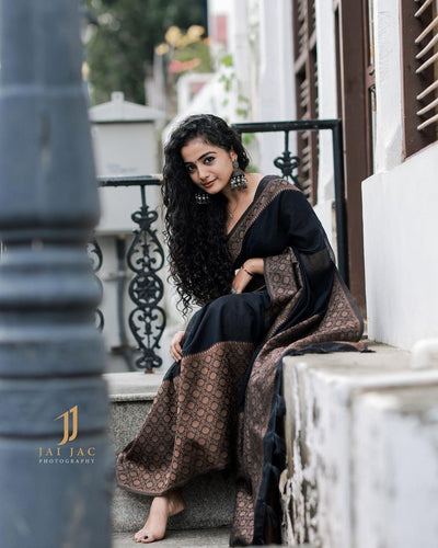 Black Pure Kanjivaram Silk Weaved With Copper Zari Comes With Heavy Kanjivaram Brocade Blouse - Almaari Fashion