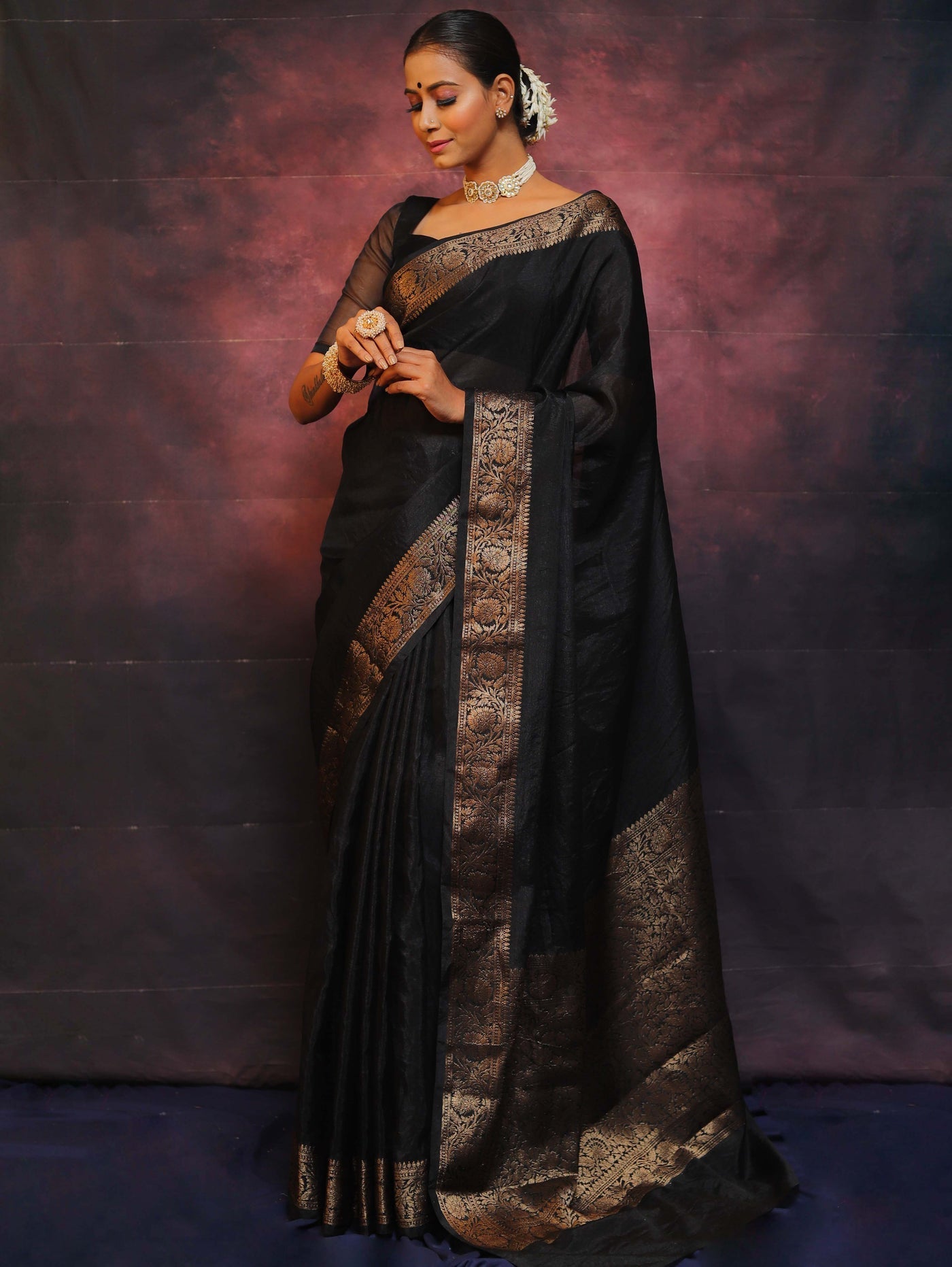 Black Pure Kanjivaram Silk Weaved With Copper Zari Comes With Heavy Kanjivaram Brocade Blouse - Almaari Fashion